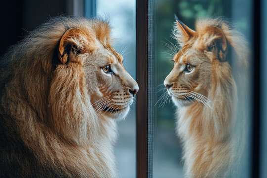 Lion locking eyes with another lion in the wild, showcasing a moment of intense focus and primal connection.