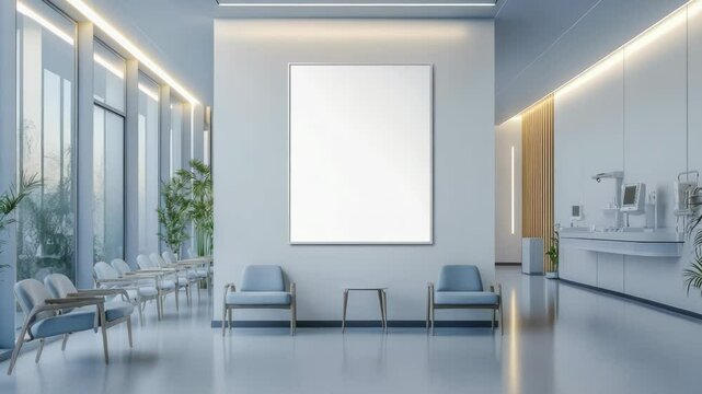 Mock up of white horizontal poster frame on modern wall in minimalist waiting room interior with chairs,green plants, perfect for advertisement , information board design. 