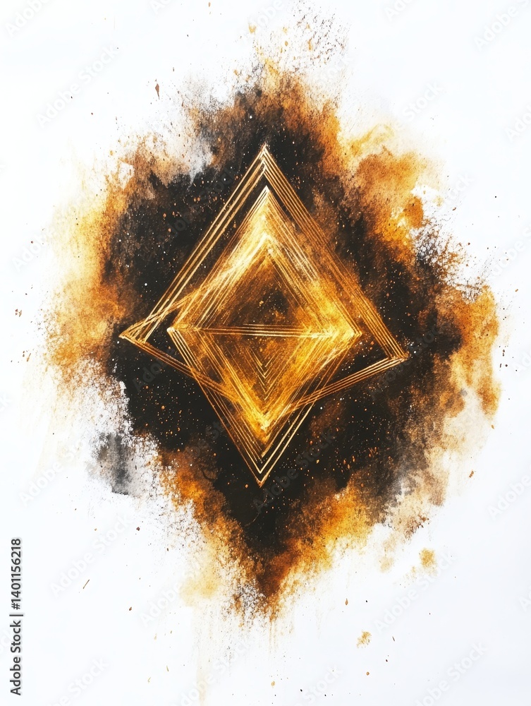 Poster golden geometric explosion - abstract art depicting a golden geometric shape exploding from a dark c