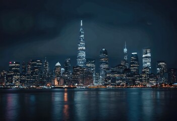 Obraz premium Nighttime Cityscape with Skyscrapers and Waterfront