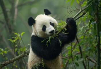 Obraz premium A giant panda eating leaves in the forest