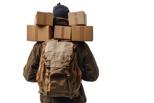 Delivery person carrying many packages on back dark background studio shot on transparent background