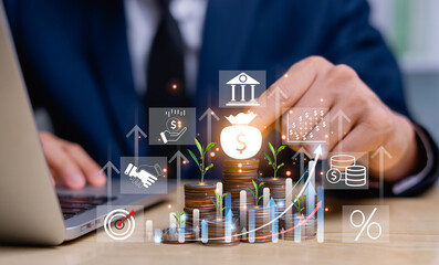 Concept saving and investing, businessman planning save money, buying real estate and banknotes, buying life insurance, investing for interest and dividends, planning modern life with saving money.