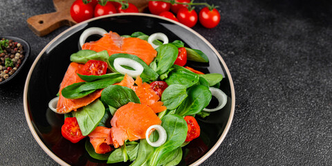 Salmon salad fresh seafood appetizer vegetables dish fresh tasty gourmet food background on table rustic food top view copy space keto and paleo diet vegetarian food pescetarian diet