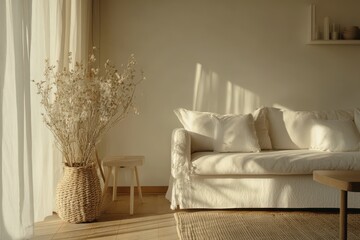 Sunlit Minimalist Living Room with Beige Sofa and Dried Flowers