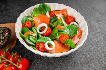 Salmon salad fresh seafood appetizer vegetables dish fresh tasty gourmet food background on table rustic food top view copy space keto and paleo diet vegetarian food pescetarian diet