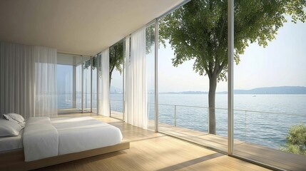 Lakeside bedroom with panoramic views, minimalist design
