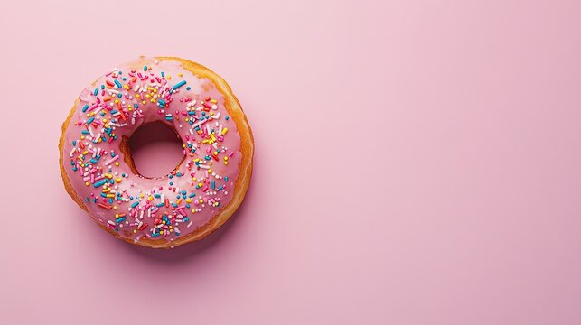 Delicious Pink Frosted Donut with Colorful Sprinkles on Pink Background