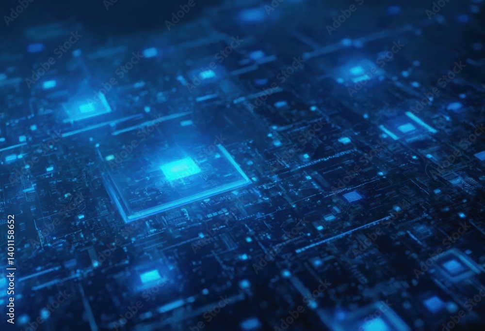 Poster Abstract Image of Microchip Circuitry with Blue Hues and Glowing Elements