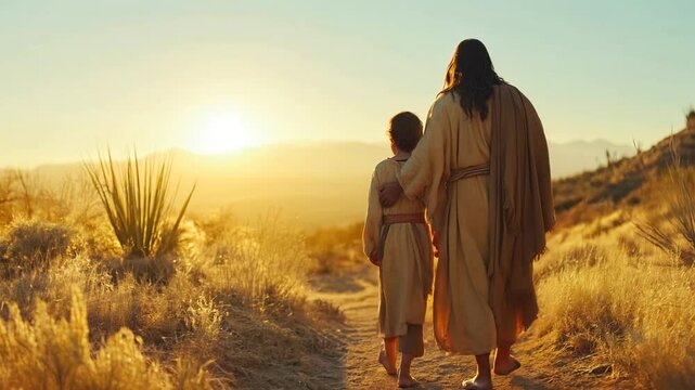 Jesus Christ walking on a landscape with a kid during a sunset