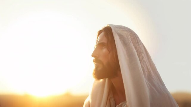 Jesus Christ on ladnscape while the sun is setting
