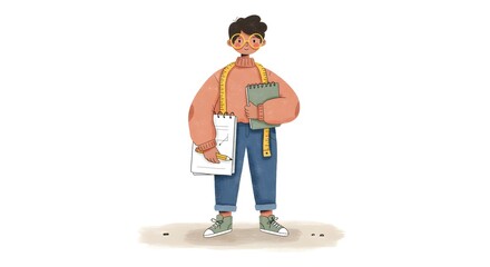 A charming illustration of a fashion designer with a sketchbook and tape measure, in trendy clothes, standing on a neutral base. Soft pastel tones and hand-drawn textures on white background.