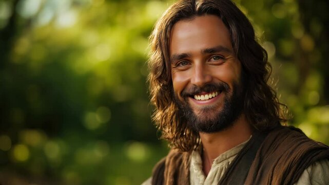 Jesus Christ smiling at the camera in a natural scene