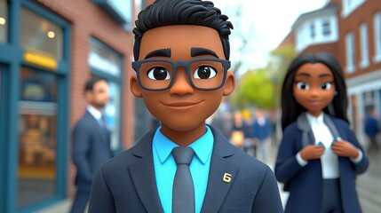 Cartoon business people on city street