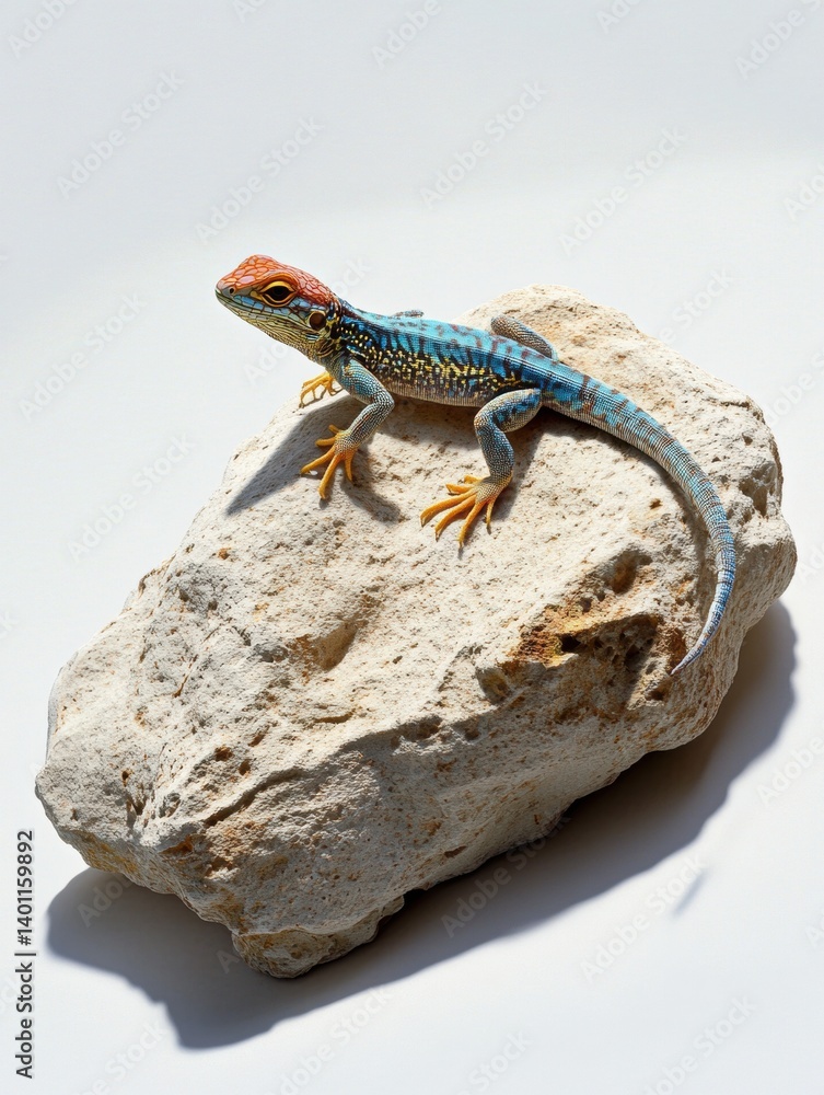 Poster colorful lizard perched on a textured rock against a soft white background, showcasing vibrant color