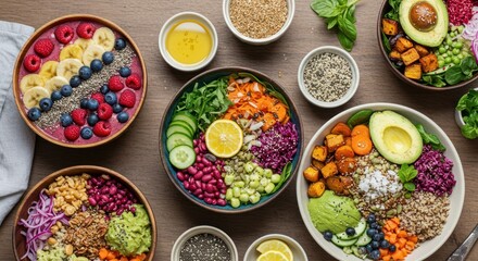 Fototapeta premium Various colorful healthy grain bowls with fruits vegetables and seeds on table.