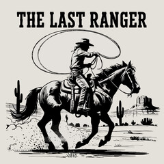 Vintage Western Cowboy on Horseback – Classic Rodeo Sketch with Lasso and Hat in Rustic Style