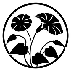 Japanese crest design with morning glory flowers- Black and white circular emblem featuring stylized morning glory flowers and leaves in traditional Japanese crest style for decoration or logos