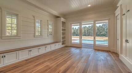 Fototapeta premium Bright, airy interior with wood floors and built-ins