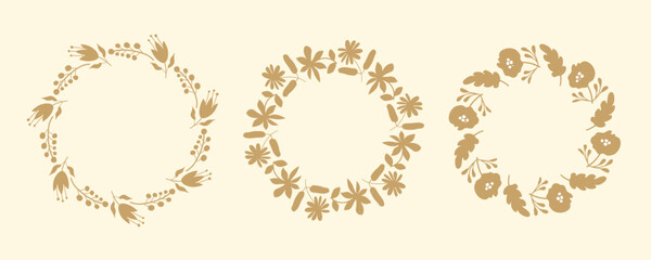 Set of simple floral circle frames. Hand drawn botanical wreaths featuring branches, leaves, and flowers. Isolated vector illustrations, perfect for wedding invitations, cards, poster templates.