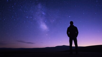 Fototapeta premium Silhouette of a person gazing at the starry night sky, surrounded by a vast landscape under a vibrant purple and blue cosmos filled with shimmering stars and galaxies
