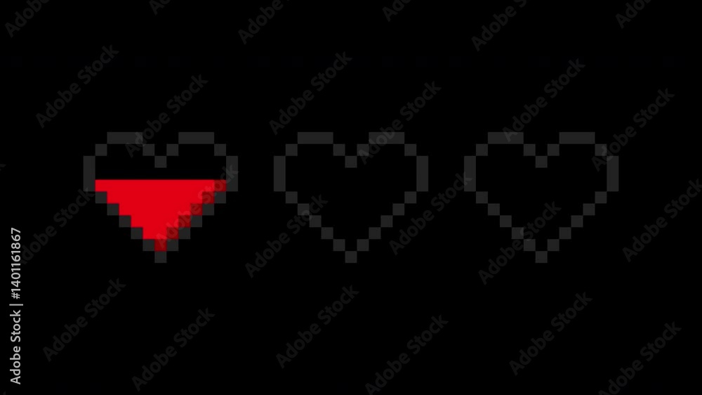 Poster 8 bit pixel art heart gaming health animation. video game life bar. 2d video game asset. pixelated 9
