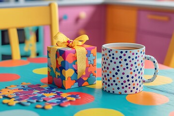 Playful Mother's Day scene with a colorful puzzle gift and a dotted coffee mug on a vibrant kitchen table.