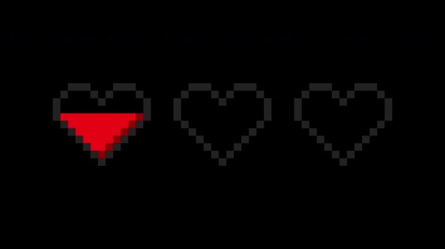 8 bit pixel art heart gaming health animation. Video game life bar. 2D video game asset. pixelated 90s style. looped video. love symbol. game health level. Transparent. Alpha channel.