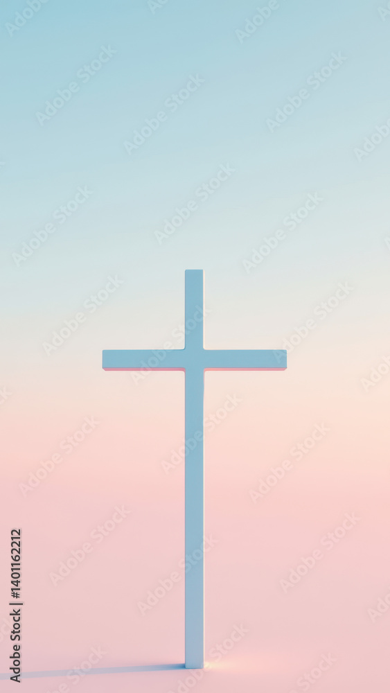Poster christian cross silhouette against soft gradient sky background with digital glitch overlay effect.
