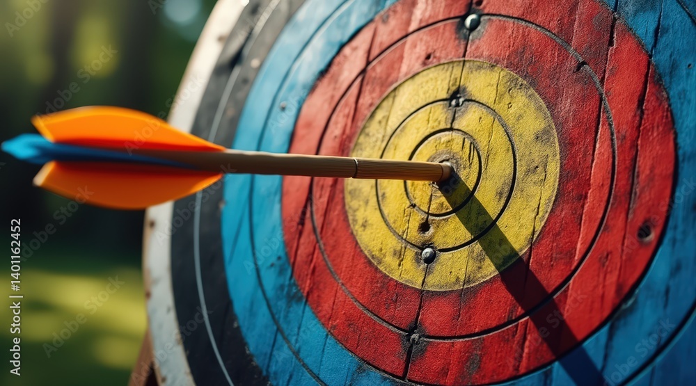 Poster a close-up of a colorful archery target with an arrow embedded in the bullseye, showcasing precision