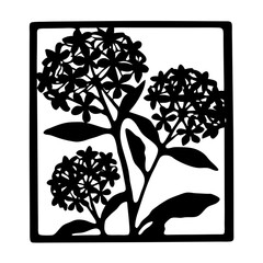 Square floral silhouette with clustered blossoms- Black square silhouette illustration of blooming clustered flowers with leaves, ideal for decoration, logos, packaging, and botanical designs