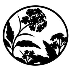 Round floral silhouette with layered wildflowers- Artistic circular silhouette illustration of multiple wildflowers and leaves in bloom, ideal for decorative artwork, logos, and botanical patterns 
