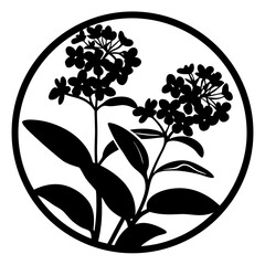 Circular floral silhouette with clustered wildflowers- Black round silhouette artwork of wildflowers with clustered blossoms and leaves, perfect for decoration, textile prints, and botanical designs
