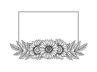 Vector sunflowers rectangular frame illustration, line art floral border. Graphic monochrome drawing. Hand drawn flowers outline sketch, engraved illustration. Template for wedding invitation, logo.