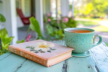 Reflective Mother's Day tea with a spiritual meditation book gift and a simple ceramic tea cup on a serene porch.