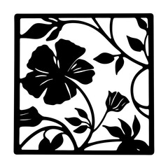 Square floral silhouette with elegant blooming flower- Stylish square silhouette illustration featuring a large blooming flower with leaves and buds, perfect for decoration, textile prints, logos