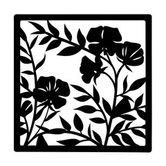 Square floral silhouette with blooming garden design- Black square silhouette artwork of flowers and leaves in bloom, ideal for decoration, textile prints, logos, patterns, and botanical themes 