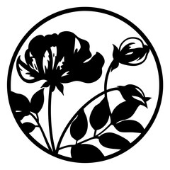 Round floral silhouette with blooming flower design- Elegant circular silhouette illustration of a blooming flower with buds and leaves, ideal for decoration, logos, patterns, and botanical artwork