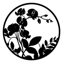 Circular floral silhouette with blooming branches- Black floral silhouette design inside a circle featuring blooming flowers and leaves, perfect for decorative artwork, branding, and patterns 