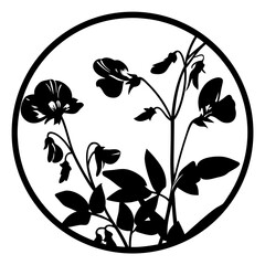 Round floral silhouette with delicate blossoms- Elegant circular floral silhouette illustration featuring delicate flowers, stems, and leaves, ideal for decoration, logos, textile patterns, and nature