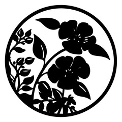 Floral circle silhouette with blooming flowers- Black circular floral silhouette design featuring blossoms and leaves, perfect for decoration, logos, patterns, and elegant botanical artwork
