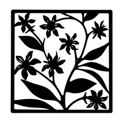 Floral silhouette pattern inside square frame- Black silhouette illustration of blooming flowers and leaves arranged in a decorative square frame, ideal for art, design, or decoration