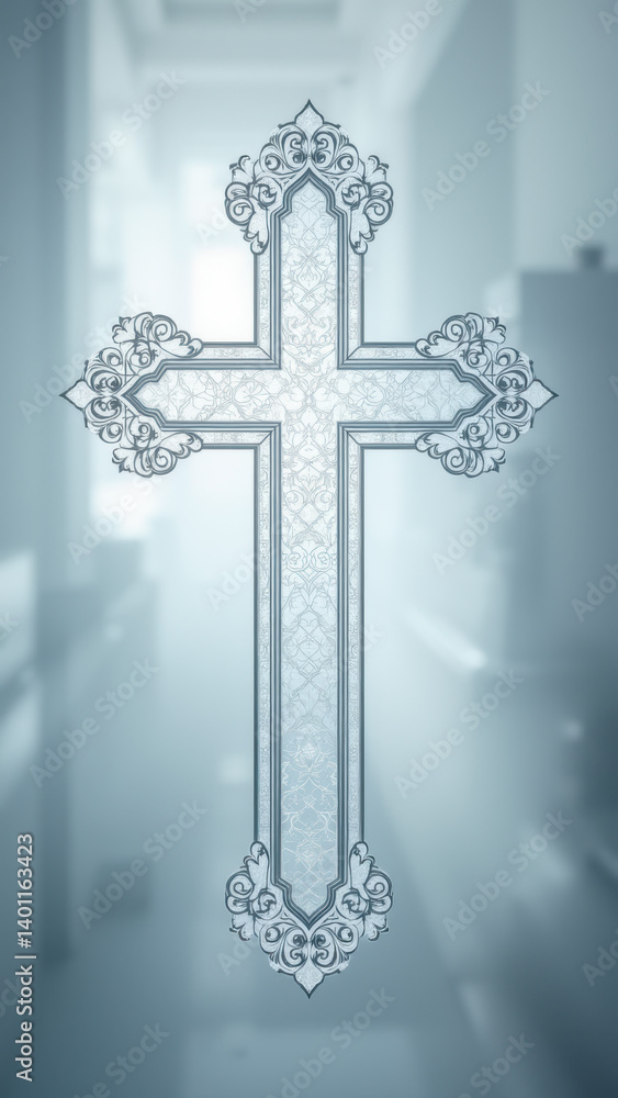Poster cross with intricate design on light background.