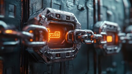 Futuristic metal chain on high-tech machinery with glowing elements