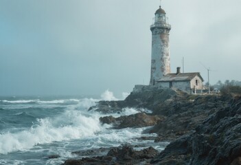 A Lighthouse Standing Tall on a Rocky Shore Amidst a Churning Sea