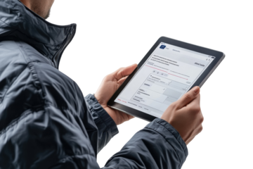 Person reviewing digital document on tablet dark background close up view on transparent background
