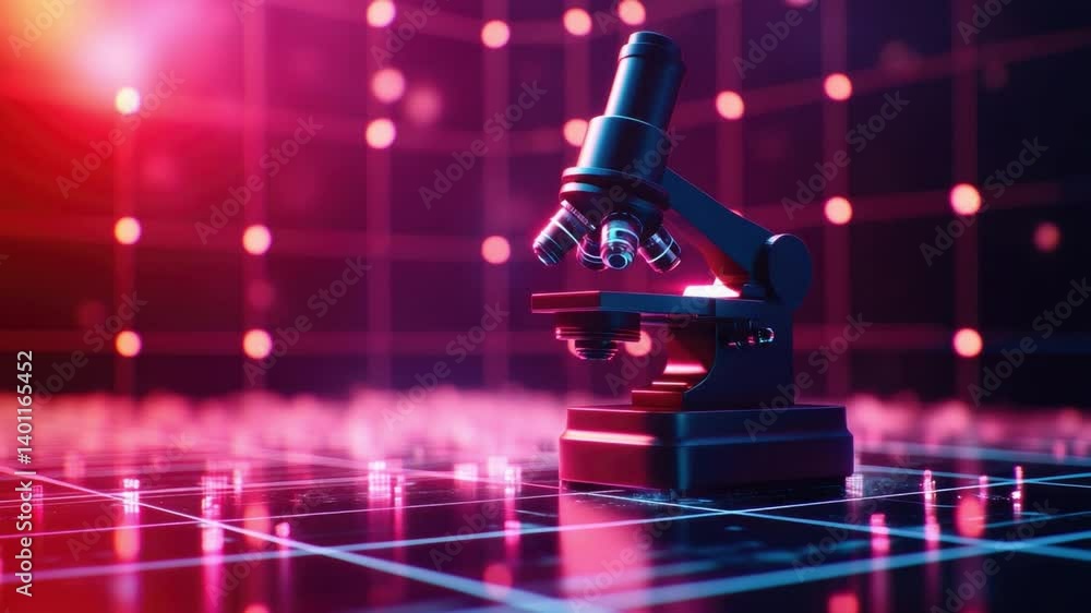 Poster close-up perspective of modern microscope in colorful laboratory environment with abstract light bac