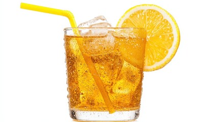 A refreshing glass of fizzy drink with ice and a slice of lemon, garnished with a yellow straw, perfect for a hot day.