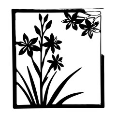 Black and White Floral Illustration in a Square Frame Botanical Artwork Silhouette Graphic Design Element
