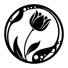 Elegant Black and White Tulip Floral Circle Design Artistic Illustration